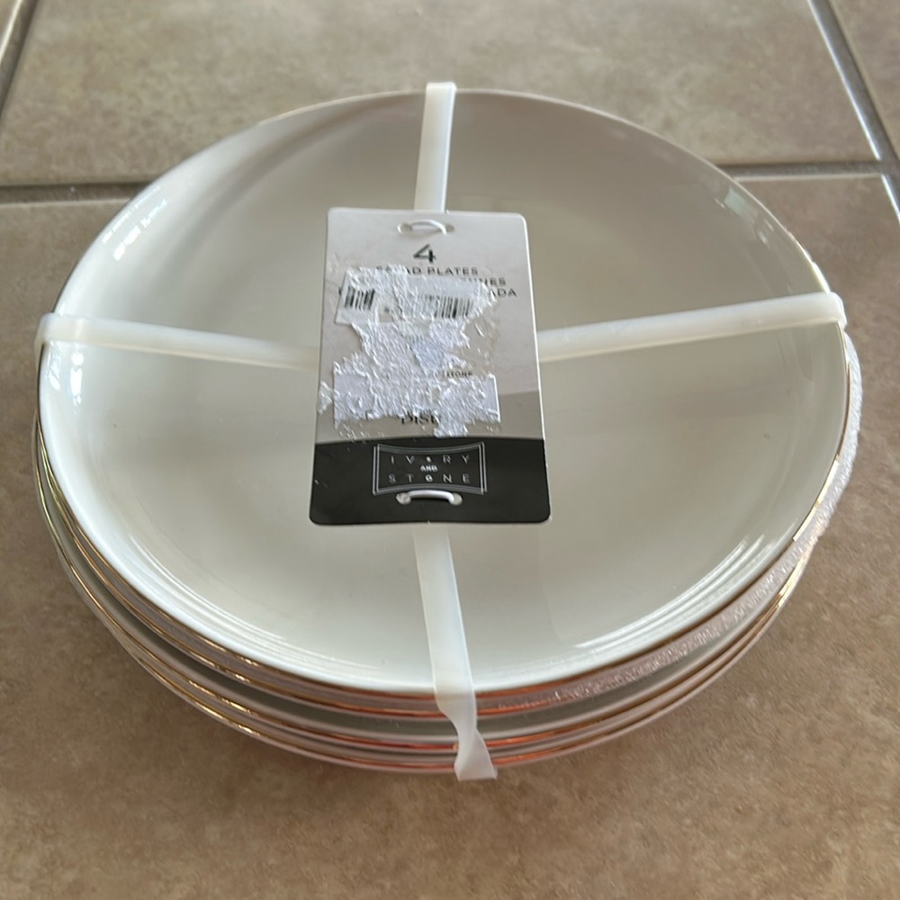 Ivory and stone 4 salad or appetizer dishes NWT ceramic. Gold trim.